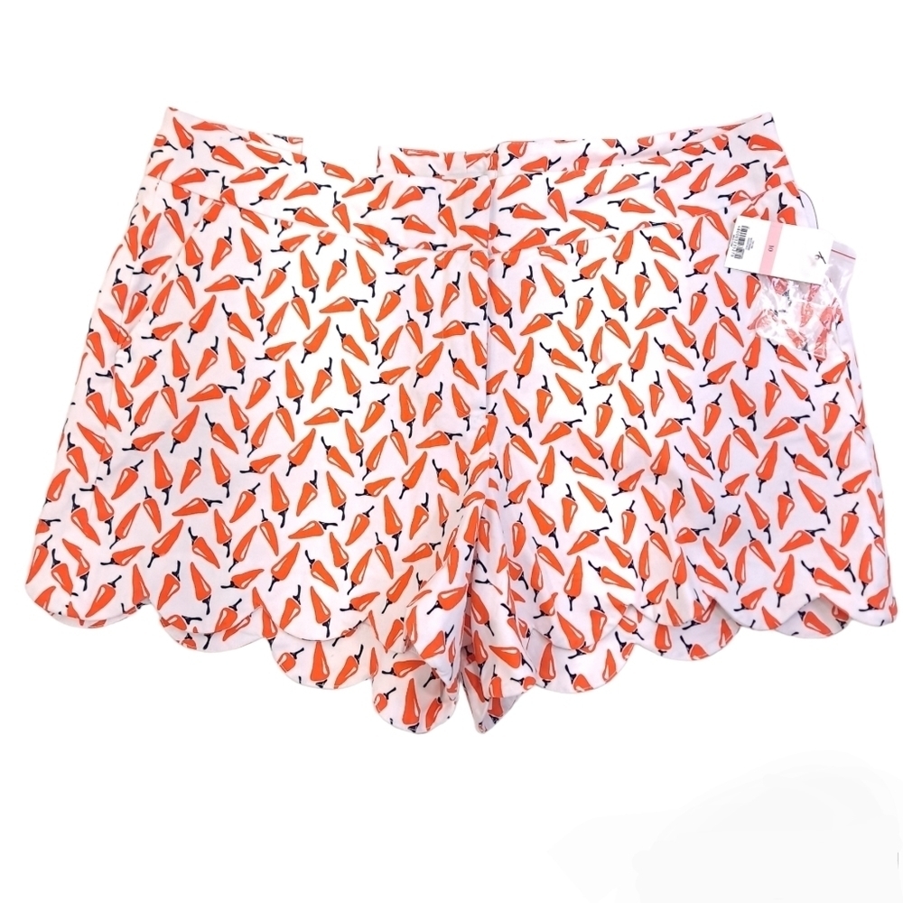 Crown & Ivy Women's Shorts Scalloped Hem White Orange Hot Peppers Stretch Sz 10